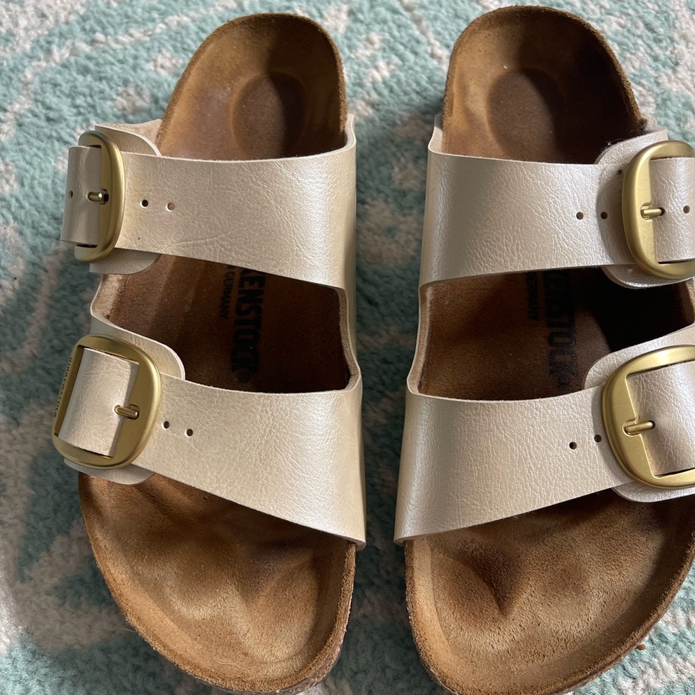 Birkenstock Cream Sandals with Gold Buckles